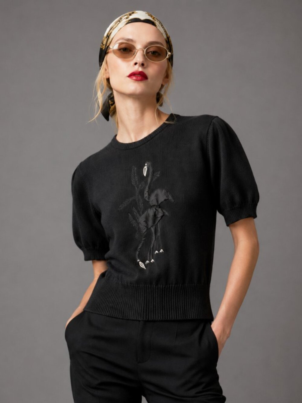 Flamingo M Puff Sleeve Sweater Knit France Y2K Preppy Glam Rock Academia Grunge